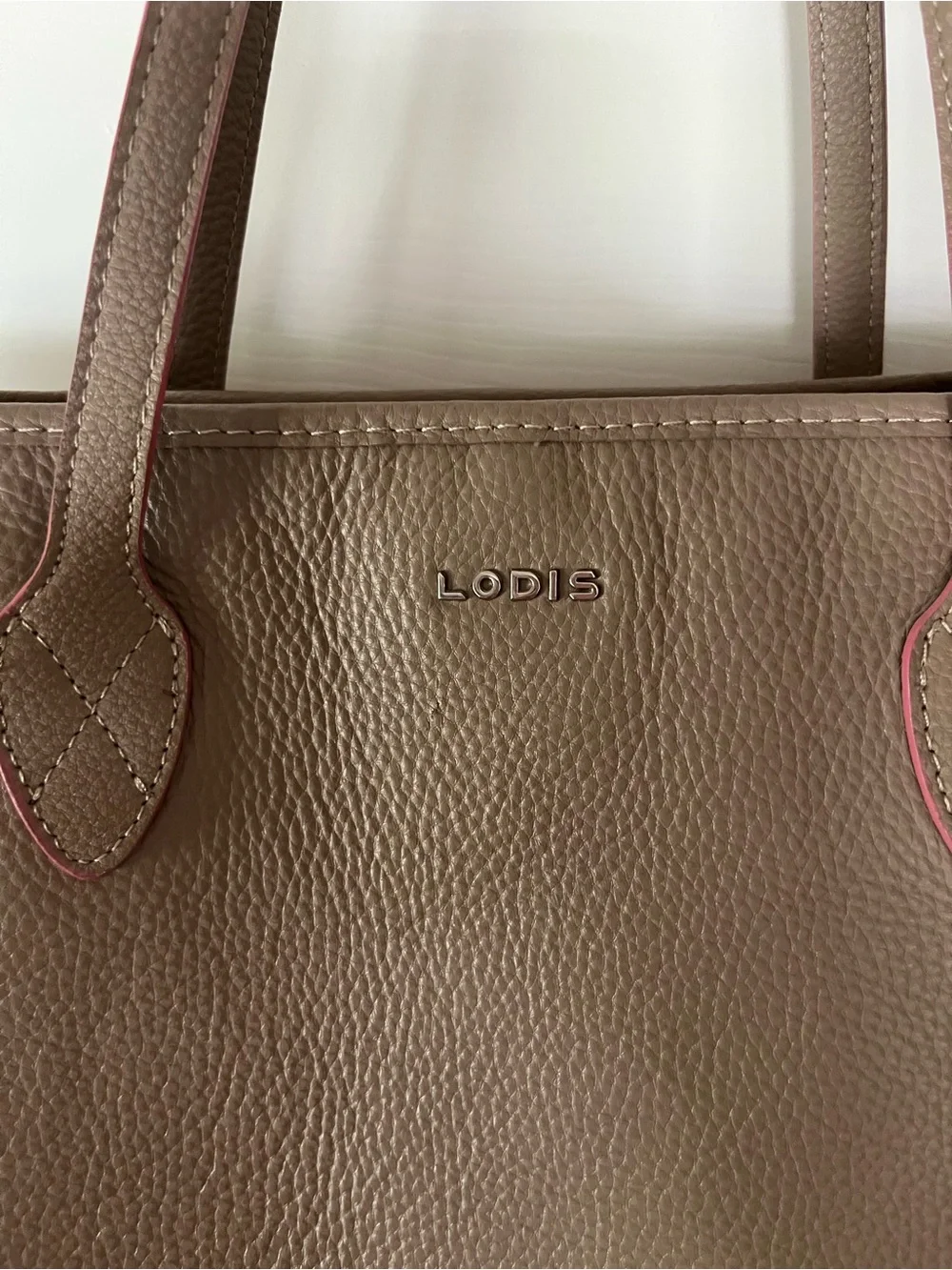 LODIS Bliss Taupe/Tan/Brown Pebbled Leather Tote, Pink Trim, approx 17”wx12”h